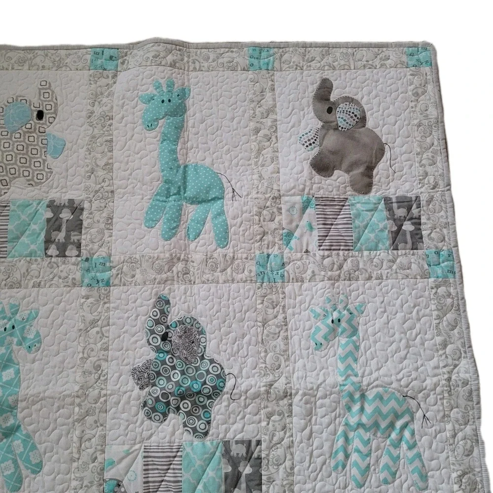 Handmade Baby Quilt Pillow Blue Gray White Elephant Giraffe Applique Nursery Art